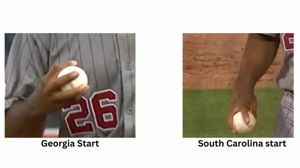 On the left side, Witherspoon is gripping the pitch with 3 fingers, using much of his hand. On the right side, he's gripping it almost like a split-fingered fastball