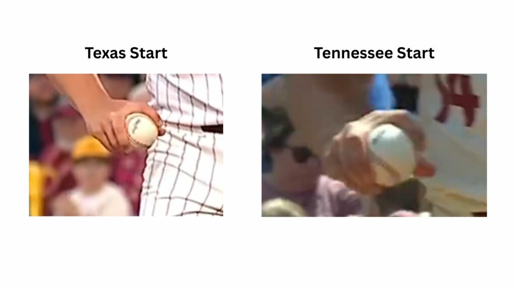Wood's first 2 fingers are split as wide as they can be spread on the baseball