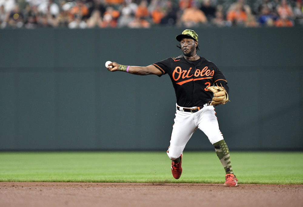 Orioles shortstop Jorge Mateo fields a ball and makes a throw.