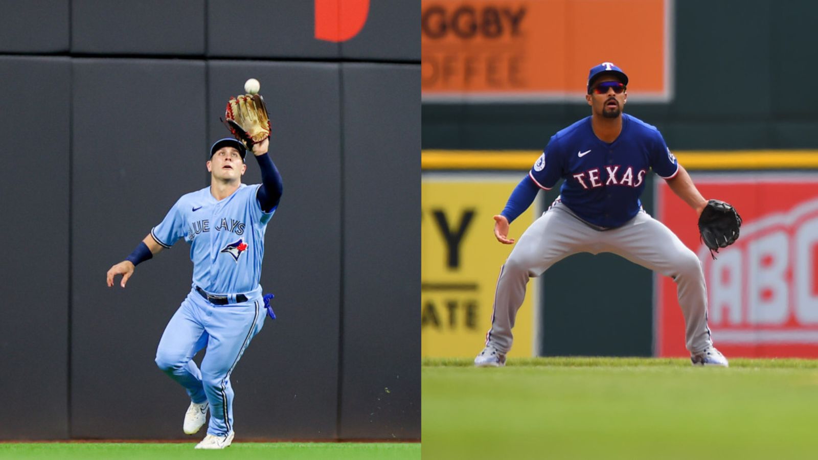 Daulton Varsho prepares to catch a ball. Marcus Semien is ready for the next ball to be hit to him.