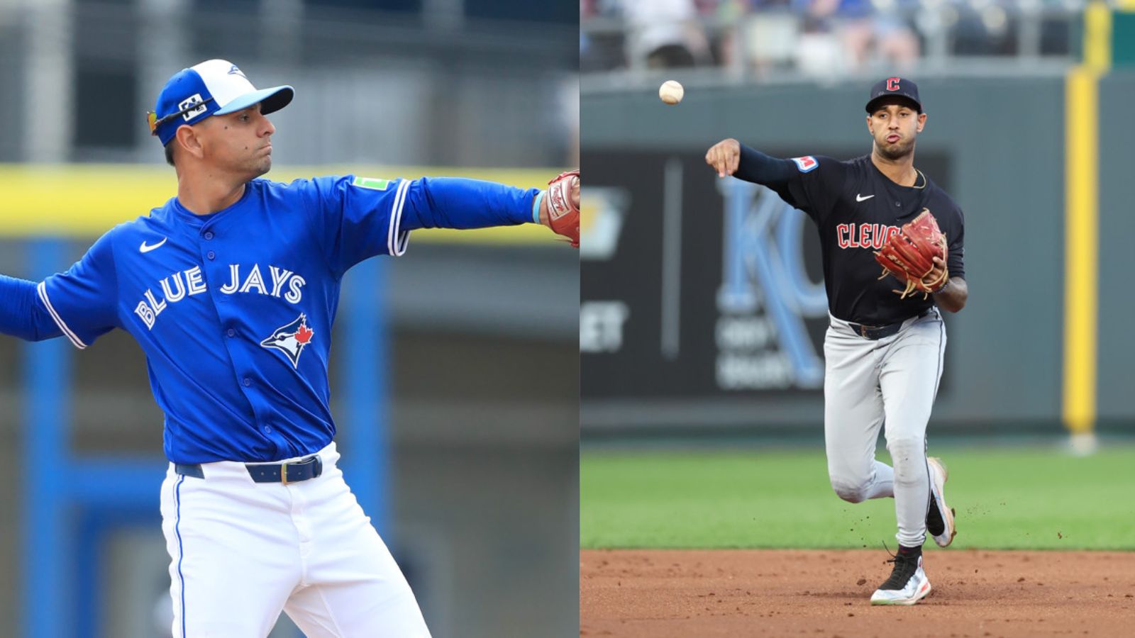 Andres Gimenez and Brayan Rocchio each prepare to throw the ball to first base.
