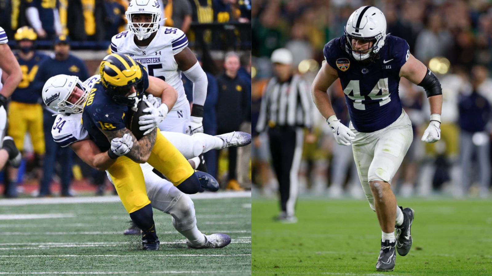 Colton Loveland is tackled trying to advance the football. Tyler Warren prepares to run a route for Penn State