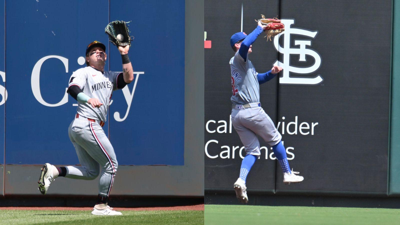 In one photo for each player, Harrison Bader and Pete-Crow Armstrong each retreat to catch a fly ball. The ball is in the webbing of Bader's glove. Crow-Armstrong is squeezing his glove closed.