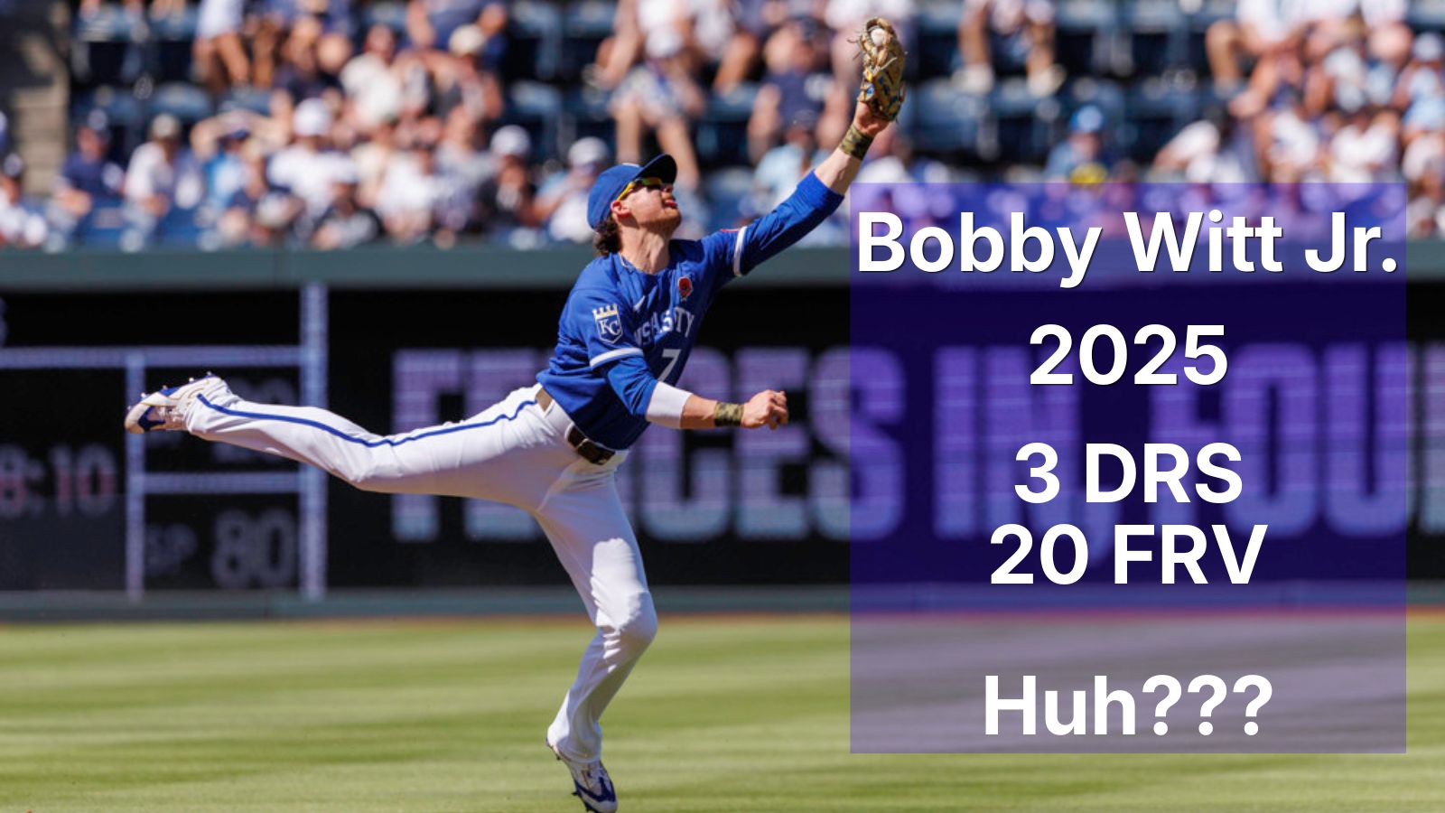 Bobby Witt Jr., wearing a blue jersey and white pants, lunges and raises his glove to catch a line drive.
