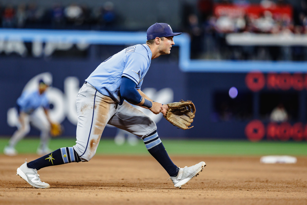 Ben Williamson, wearing a light blue uniform top and grey pants with blue stirrup socks, stands in position waiting to field a ball.